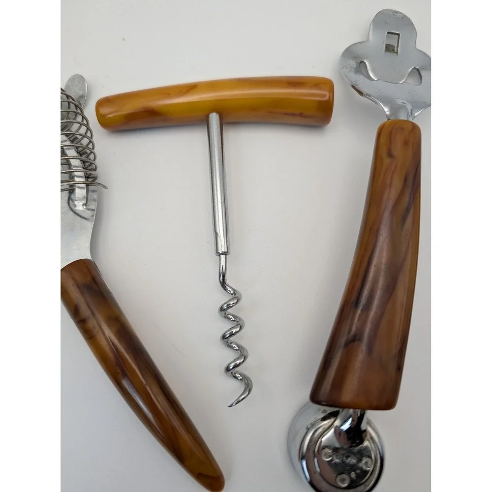 Vintage Bakelite 4 piece Barware Set Cocktail‎ Strainer Corkscrew Bottle Opener